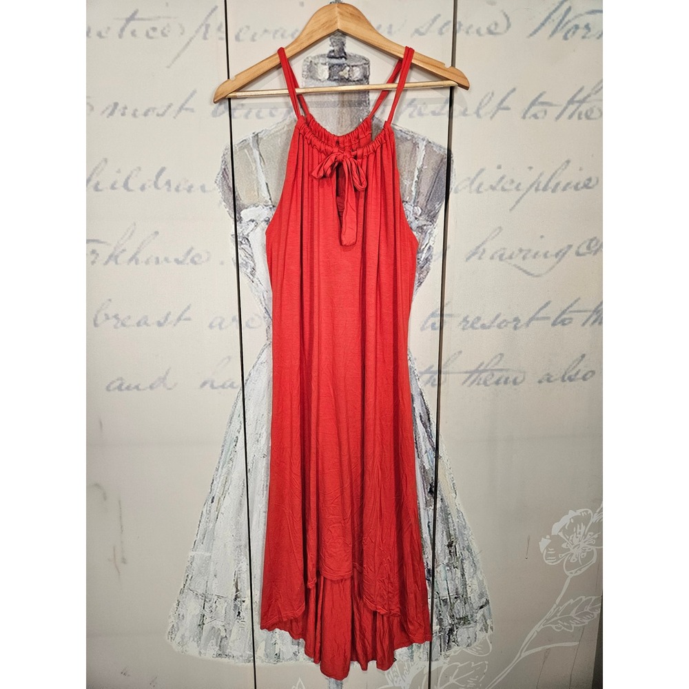 Three Dots Orange High Low Halter Dress Sleeveless Front Tie Viscose Blend Small